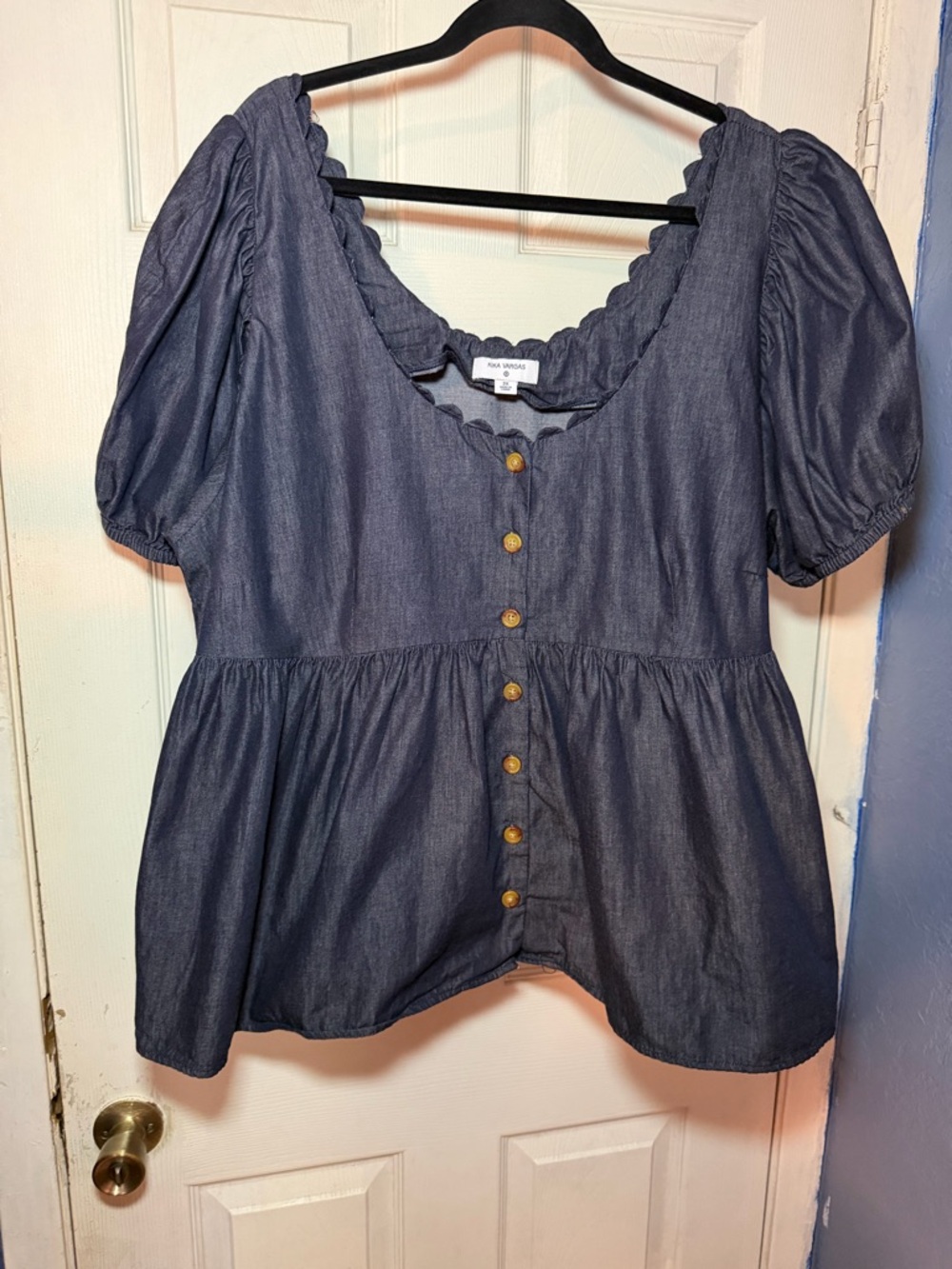 Kika Vargas Blue Denim-Effect Peplum Button Front Blouse